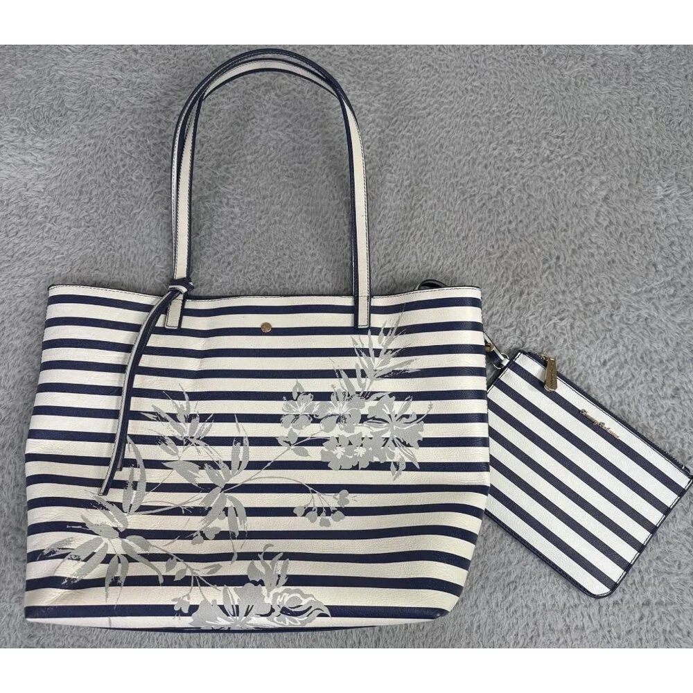 Tommy Bahama Floral Stripe Tote W/Pouch Navy White Faux Leather Travel Beach 90s - Picture 3 of 16